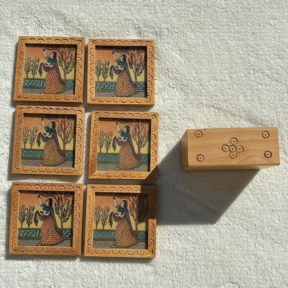 Gemstone Wood Coasters Painted Square Tea India Drink Handmade Wooden Set = 6 - Picture 3 of 8